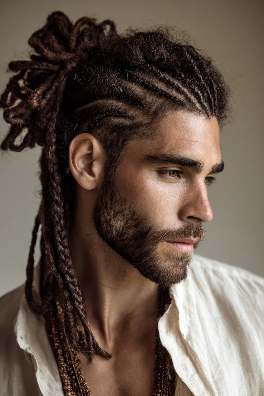 Cornrowed Side Rows into Loose Dread Bun — Mens Dreads & Braids