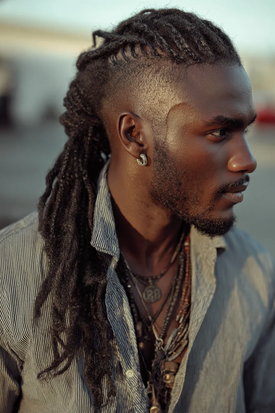 Cornrowed Top into Long Textured Locs with Mid Fade