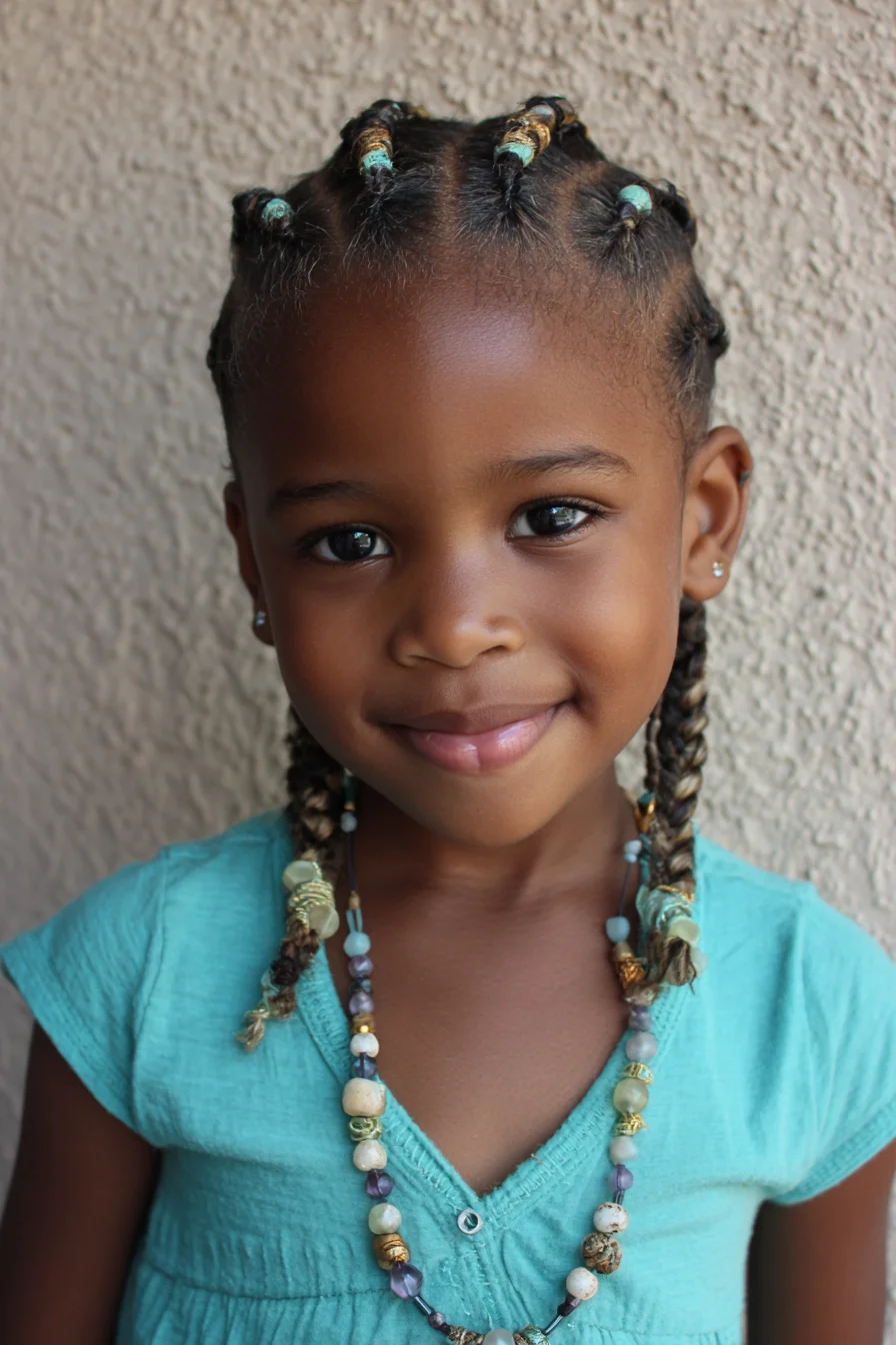 Cornrows with Braided Pigtails and Bead & Thread Accents