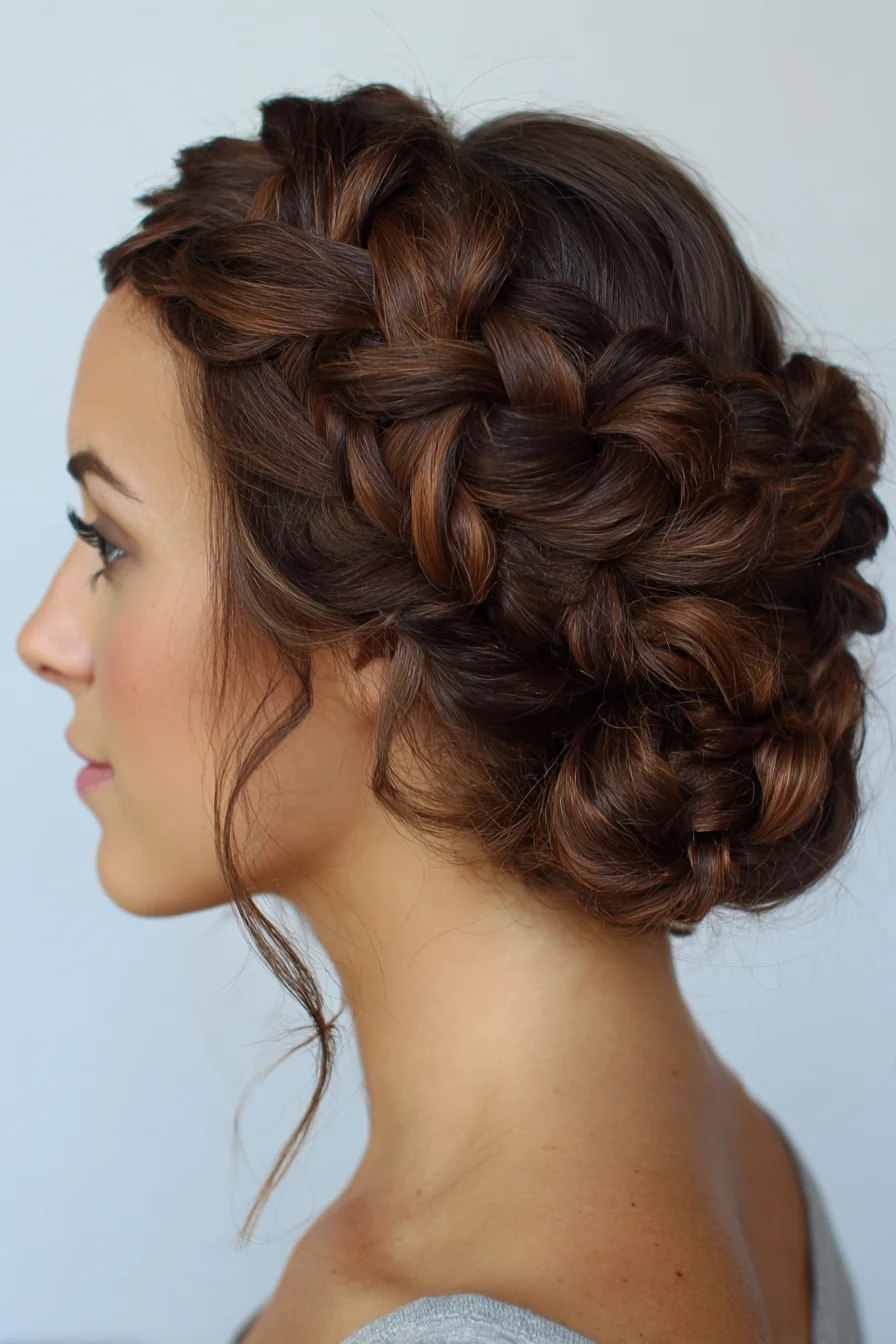 Crown Dutch Braid Into Low Braided Bun — Romantic Textured Updo