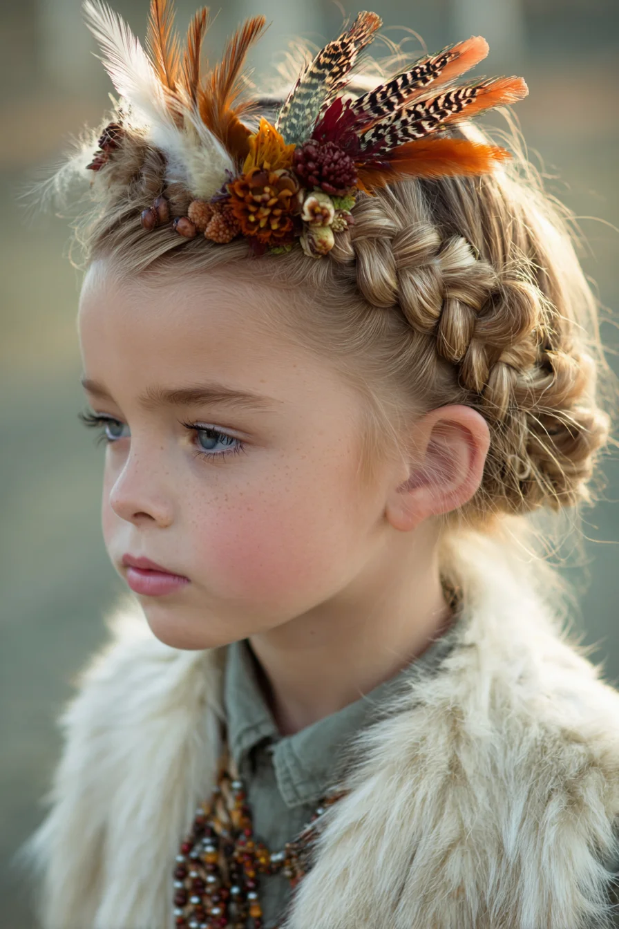 Crown Dutch Braid Updo with Feathered Floral Halo
