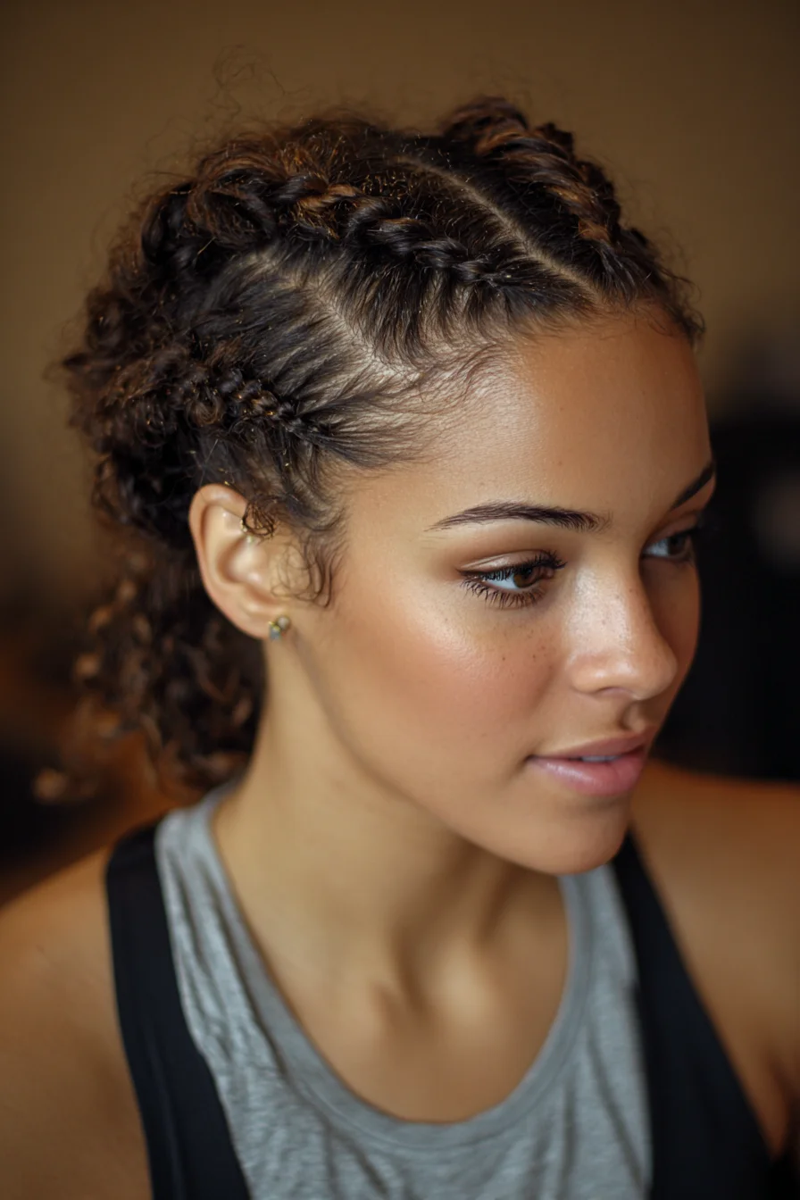 Curly Cornrow Updo with Defined Baby Braids and Textured Back