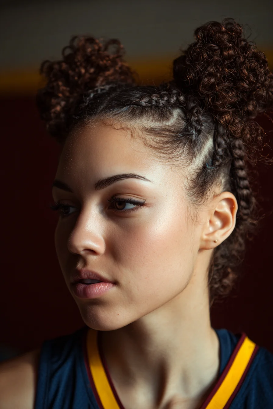 Curly Double Space Buns with Cornrow Braids — Braided High Buns for Natural Hair