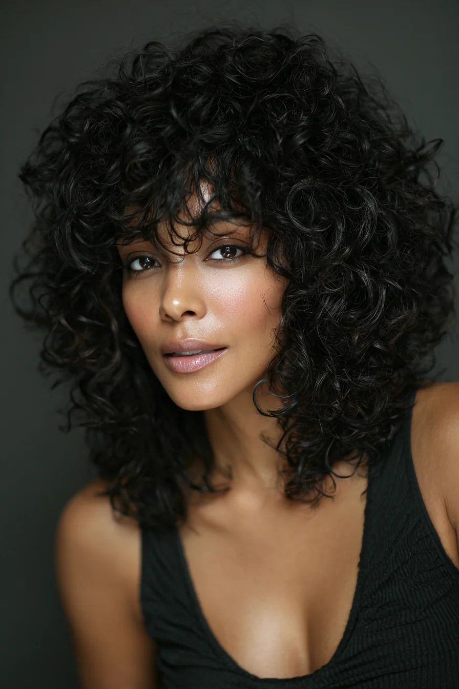 Curly Shag with Curtain Bangs — Layered Mid-Length Cut for Natural Curls