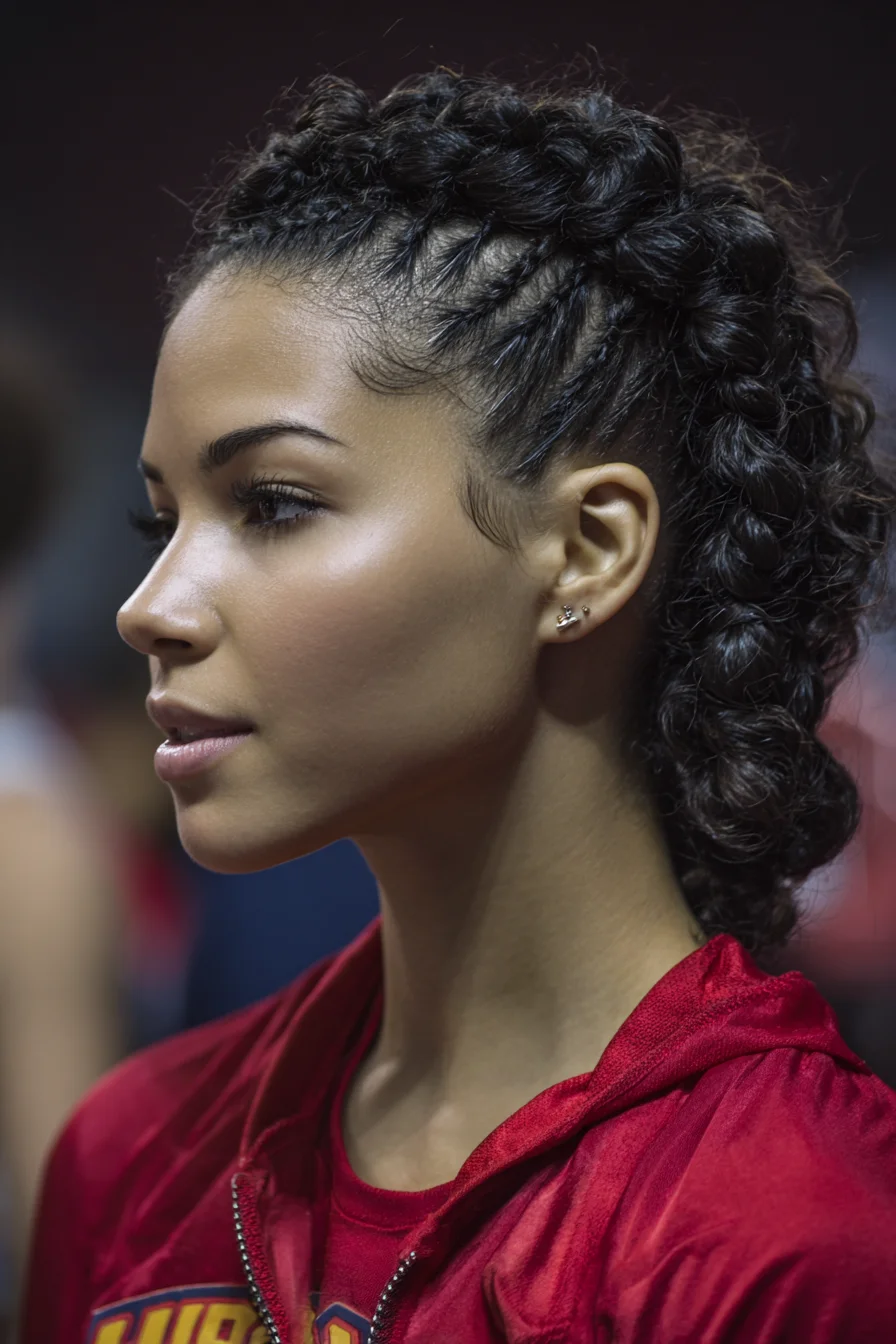 Curved Cornrow Mohawk with Center Braided Curly Ponytail