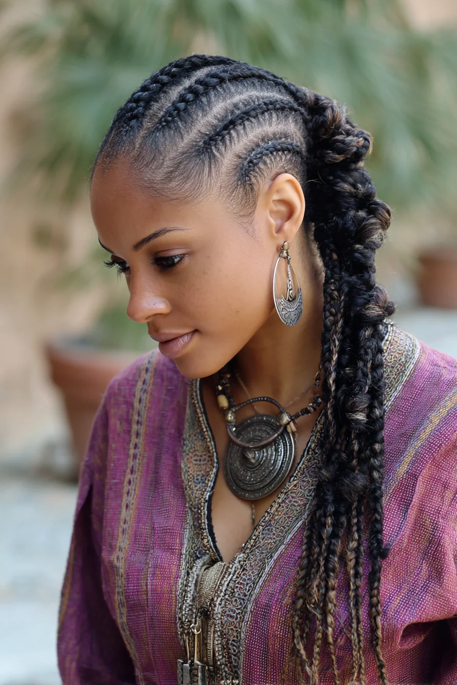 Curved Cornrow Mohawk with Long Mixed Braids and Twists