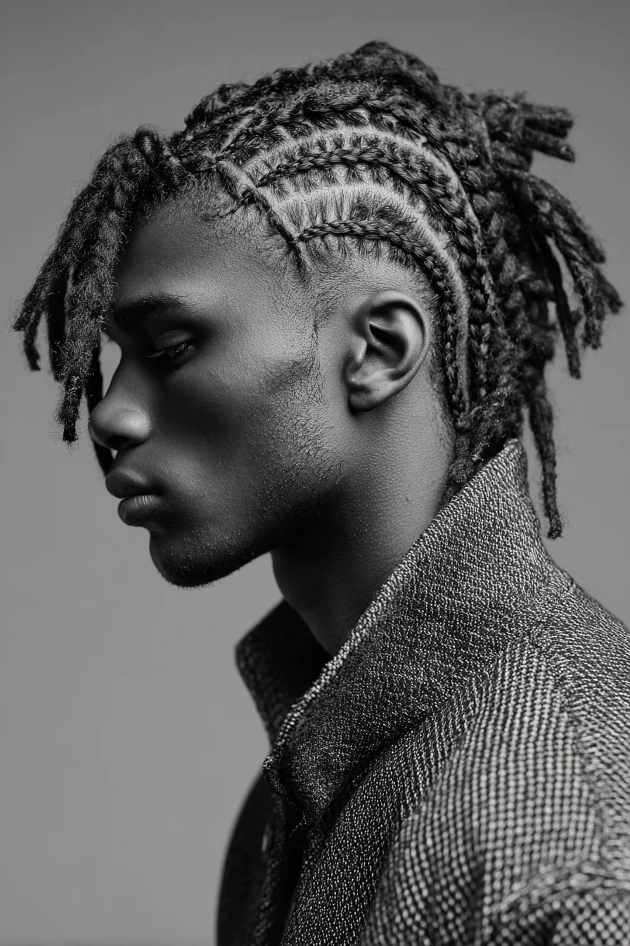 Curved Cornrows into Short Freeform Dreadlock Top