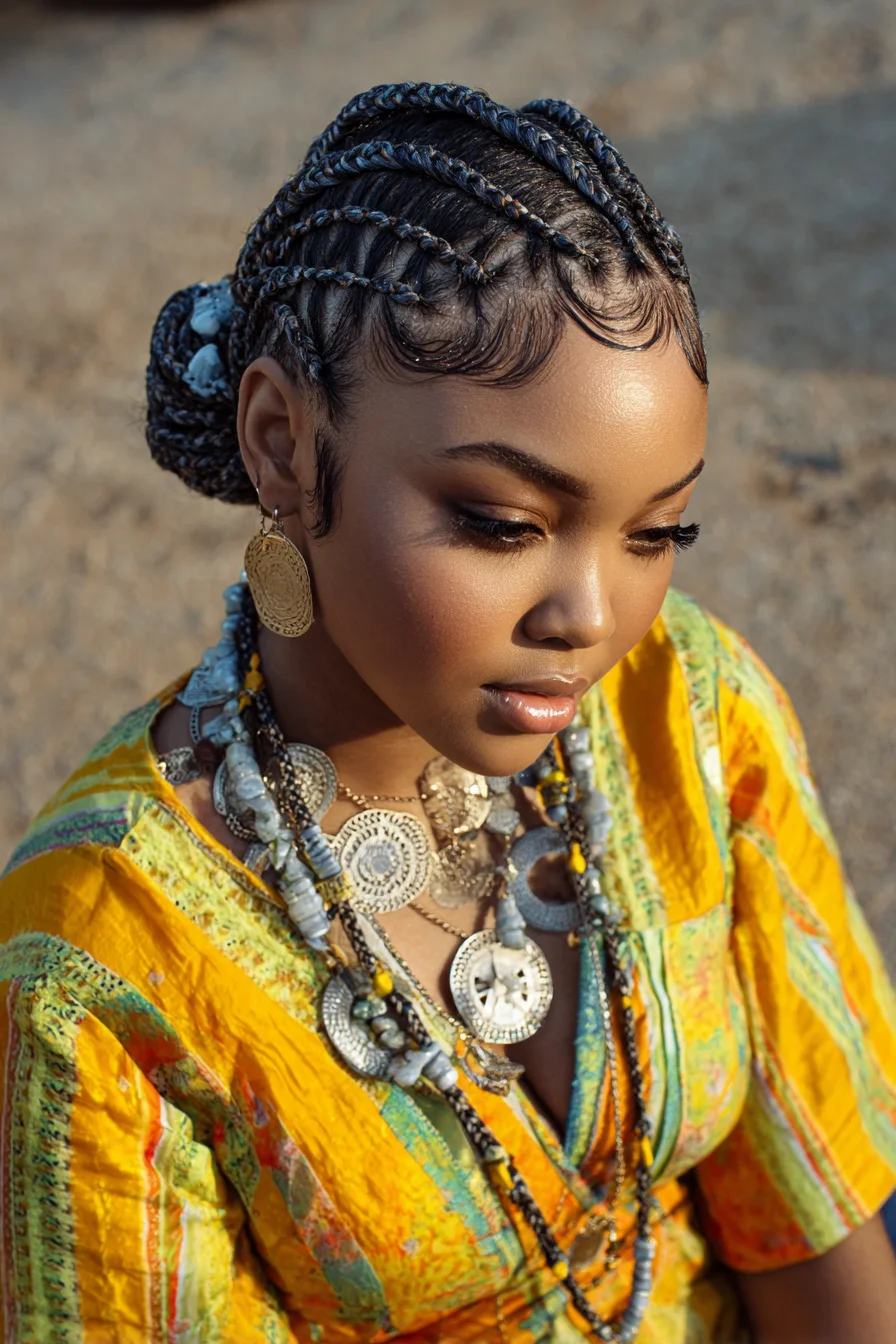 Curved Feed-In Cornrows into Low Braided Bun with Sculpted Baby Hairs
