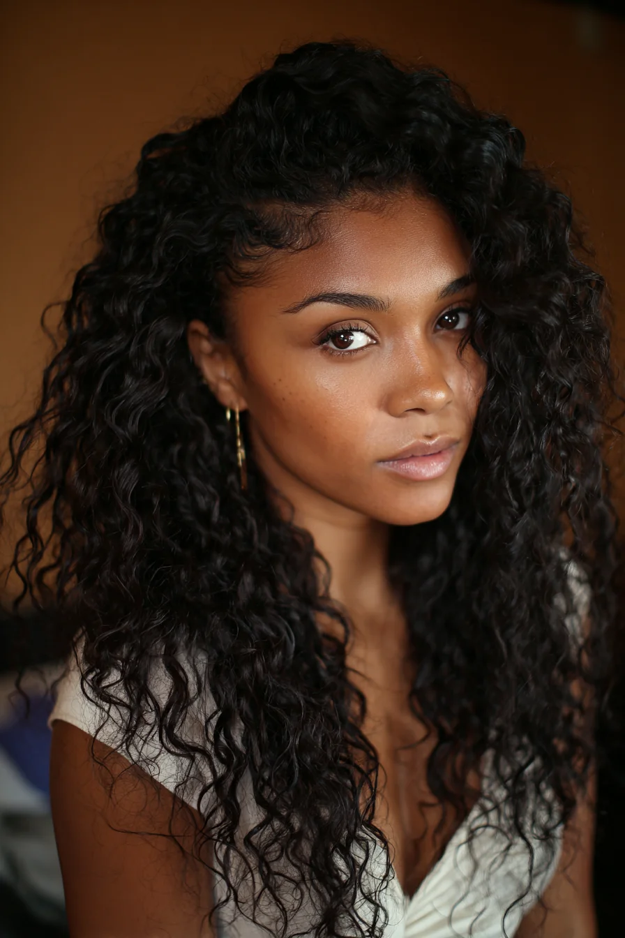 Defined Long Natural Curls with Side Part — Voluminous Moisture-Rich Style