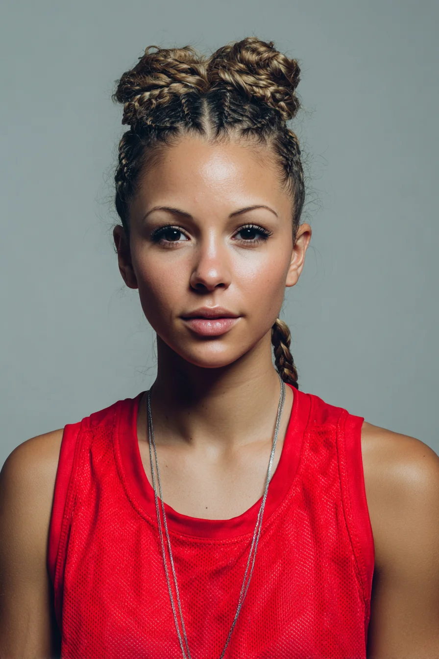 Double Braided Space Buns with Cornrowed Center Part