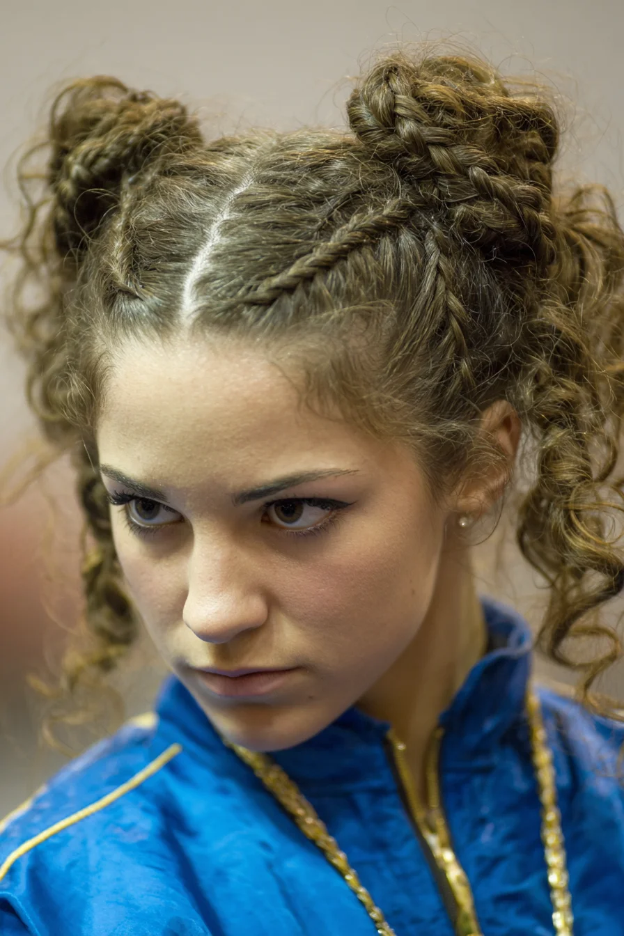 Double Braided Space Buns with Cornrows and Loose Curly Tendrils