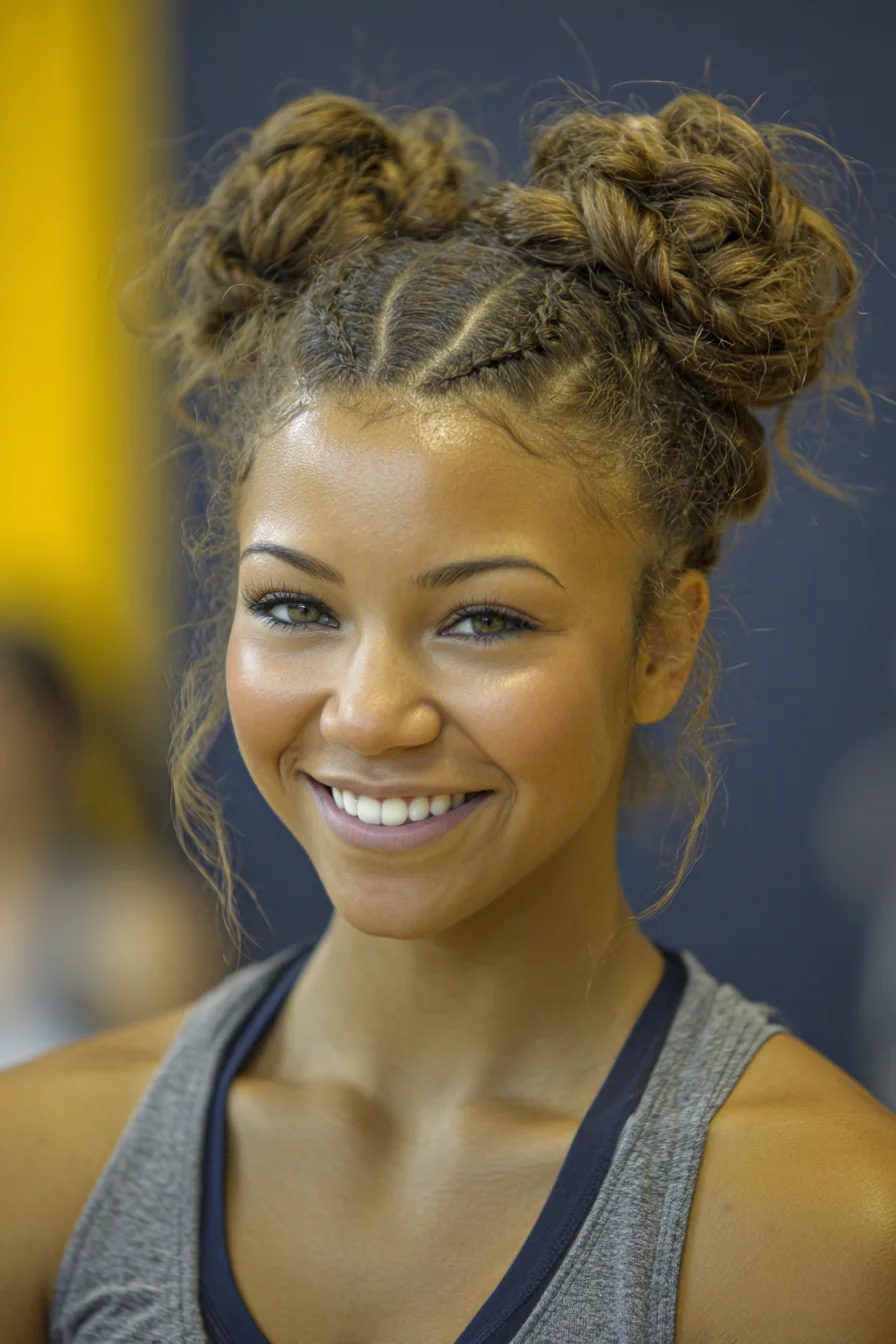 Double Cornrow Space Buns — Braided Crown into Messy Top Buns
