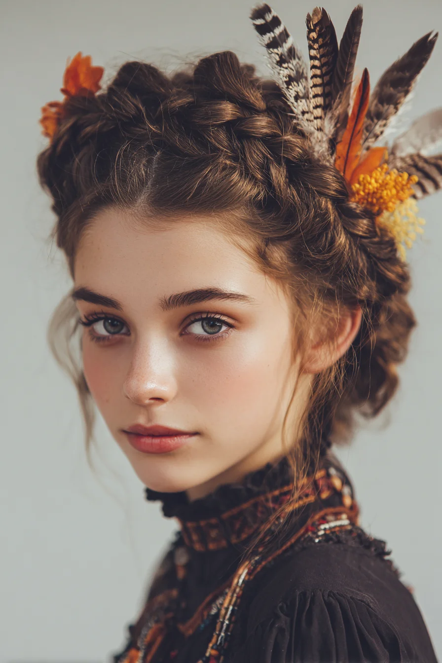 Double Crown Dutch Braids with Textured Volume and Feather Accents