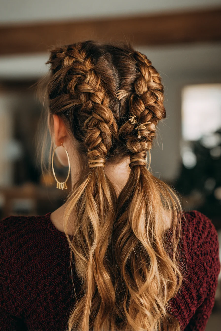 Double Dutch Braids into Loose Textured Ponytails