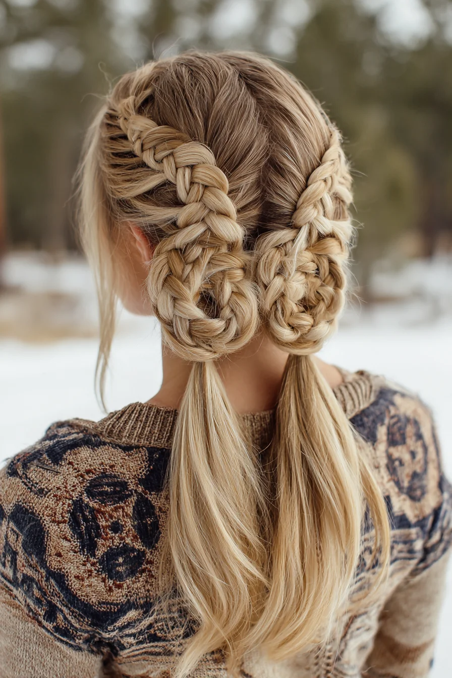 Double Dutch Braids into Low Braided Buns with Loose Ponytails