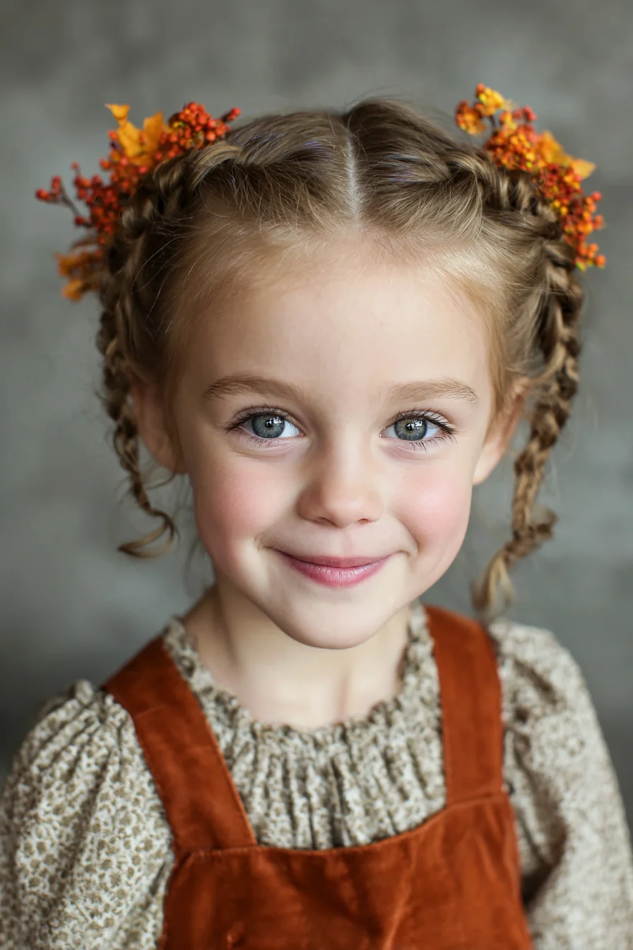 Double Dutch Braids with Autumn Floral Accents — Braided Pigtails for Kids