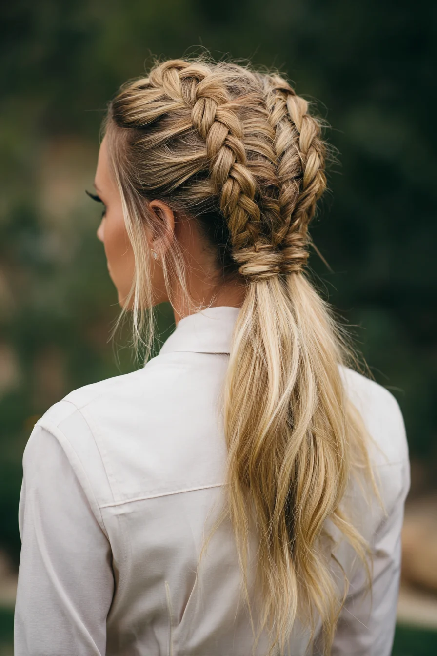 Double Dutch Braids Wrapped into a Textured Low Ponytail