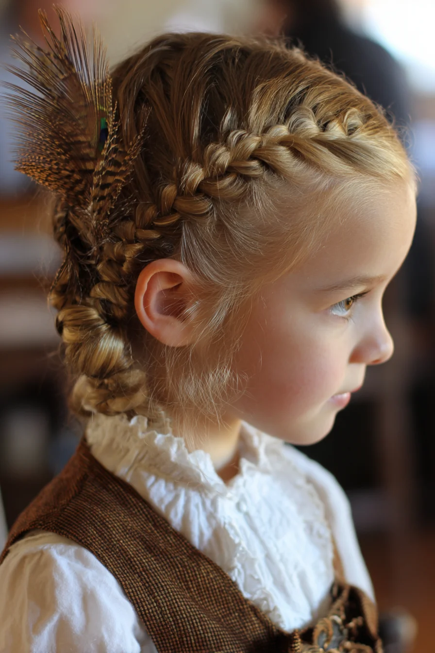 Double Dutch Crown Braids Into Low Twisted Braids with Feather Accent