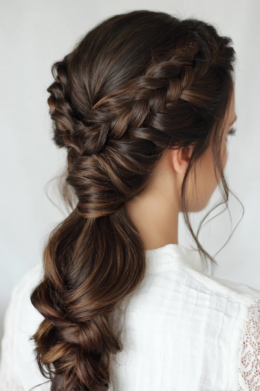 Double Side Dutch Braids into Wrapped Low Pony — Romantic Textured Look