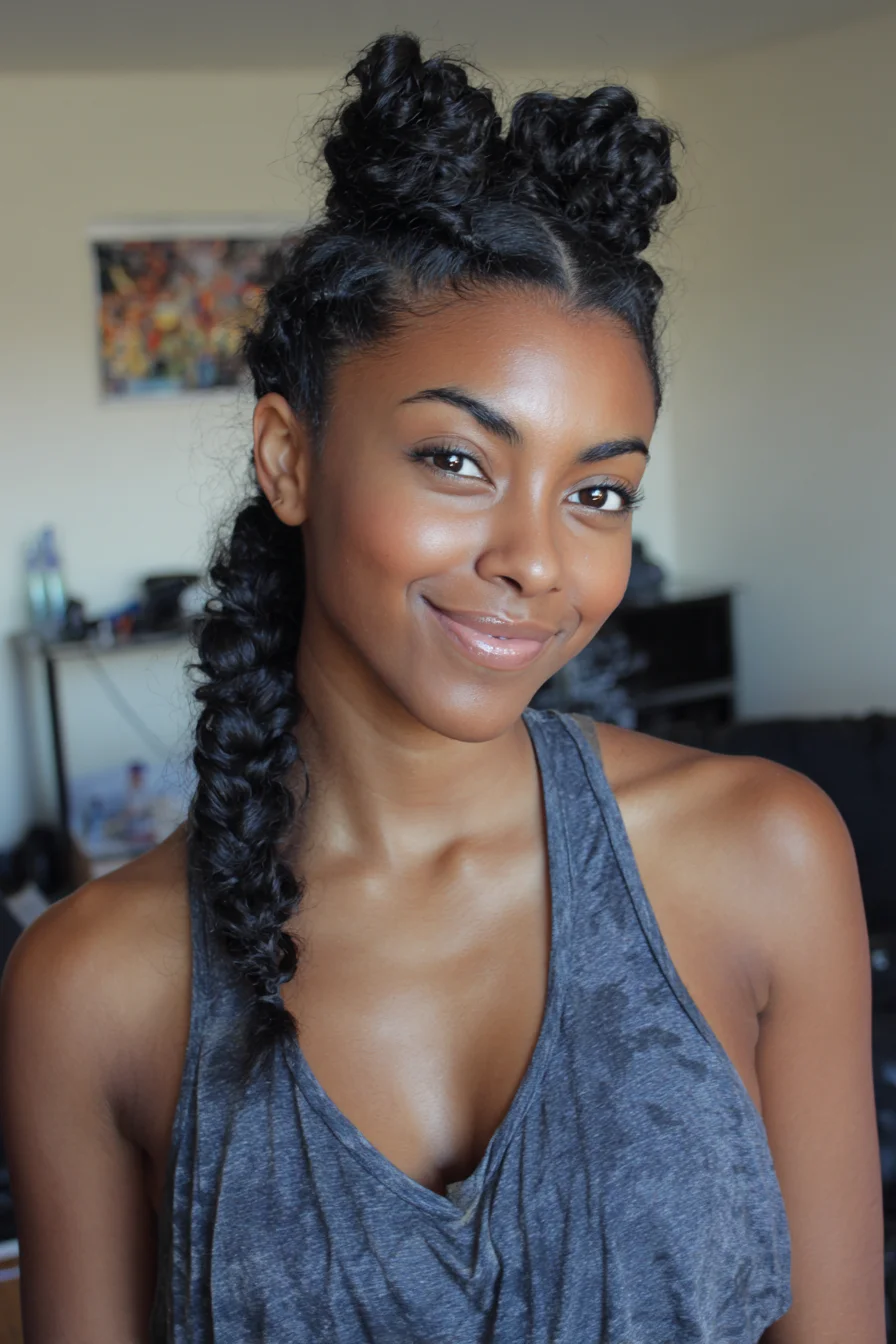 Double Top-Knot Space Buns with Long Side Braid for Curly/Coily Hair