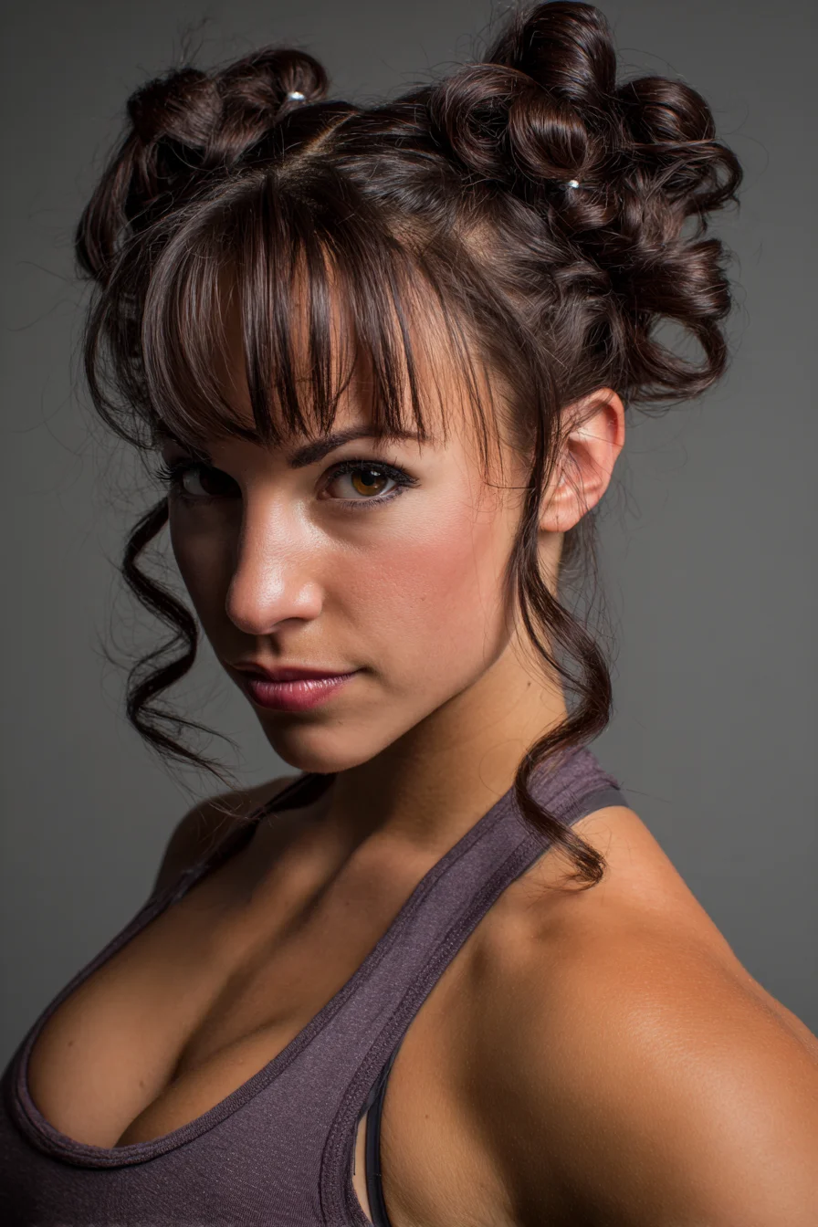 Double Twisted Space Buns with Curled Face‑Framing Tendrils and Blunt Bangs