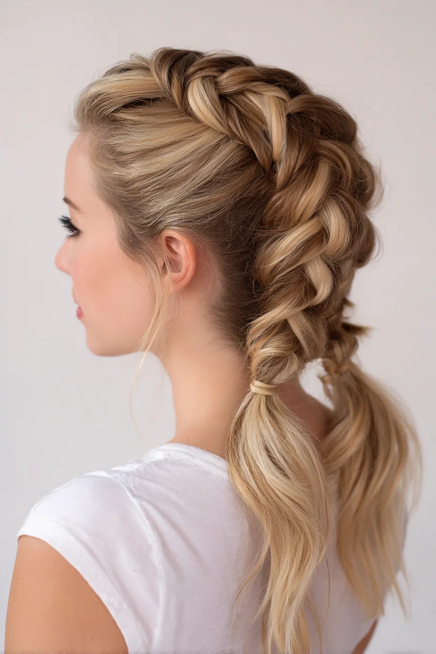 Dutch Braid Crown to Double Low Ponytails — Textured Braided Style