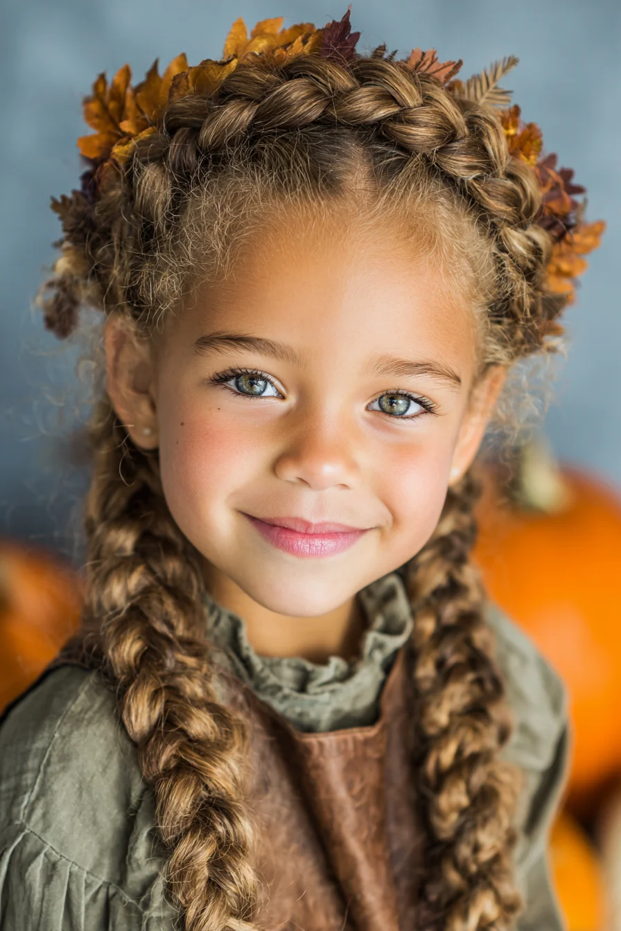 Dutch Crown with Two Textured Braids and Autumn Floral Accents
