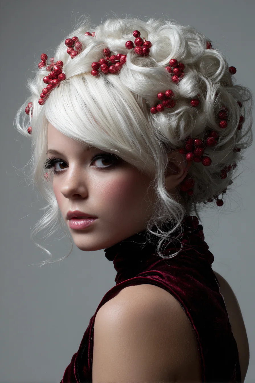 Elegant Platinum Updo with Rosette Curls and Red Berry Accents