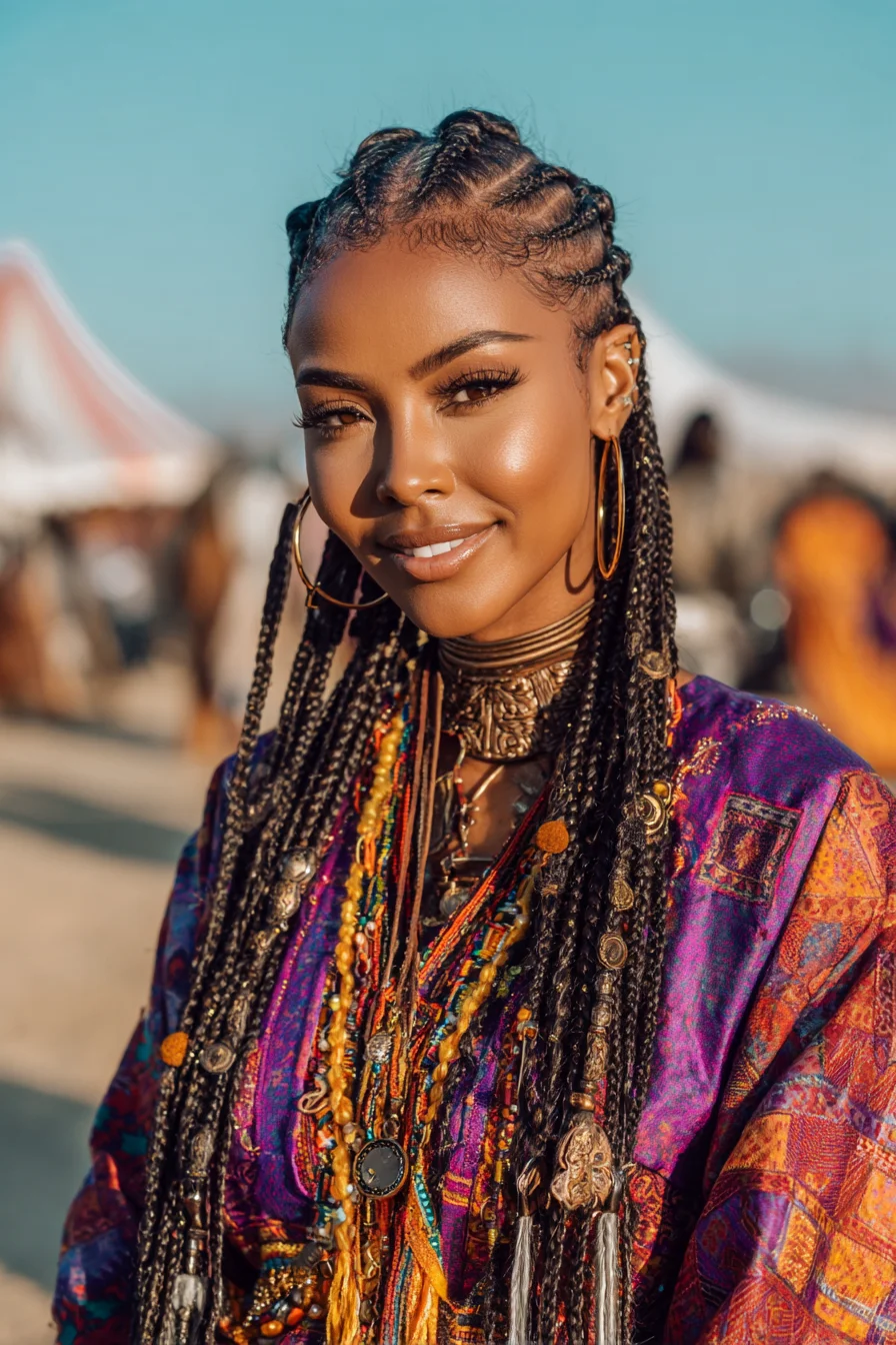 Feed-in Cornrowed Box Braids — Long Micro Braids with Accessories