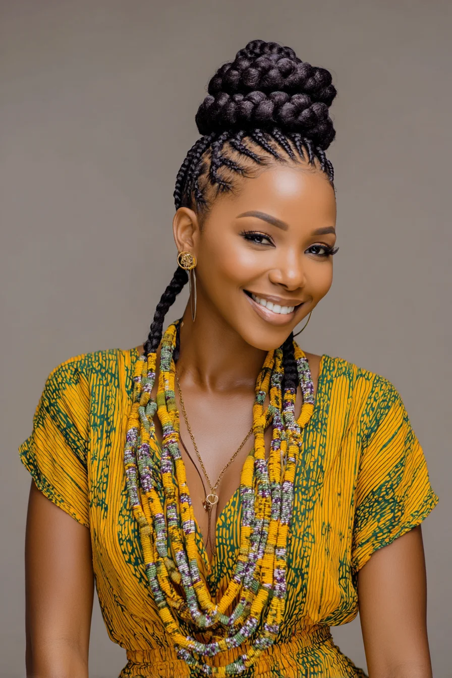 Feed‑In Cornrows into Chunky High Braided Bun with Wrapped Long Braids