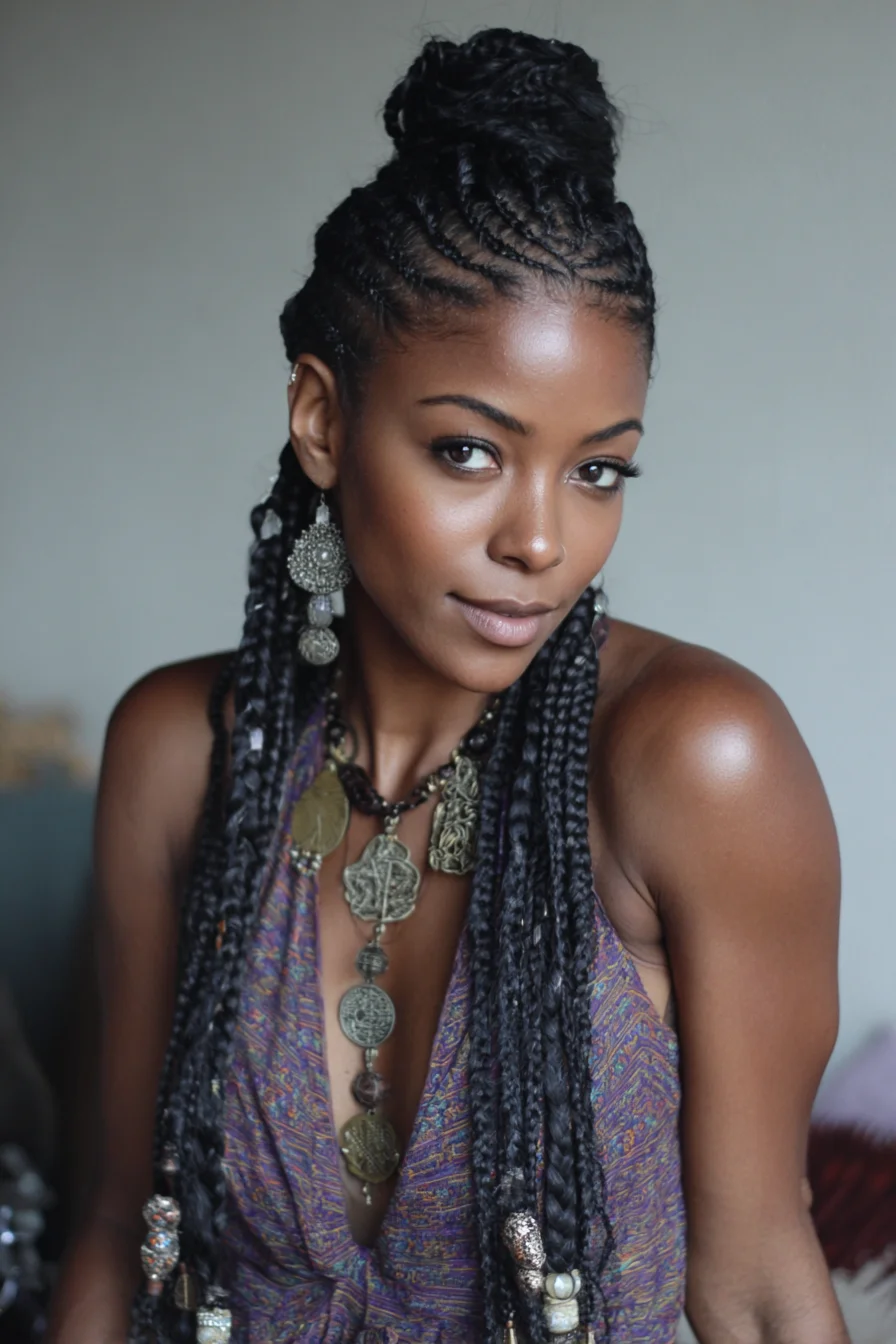 Feed‑in Cornrows into Long Box Braids with High Top Knot