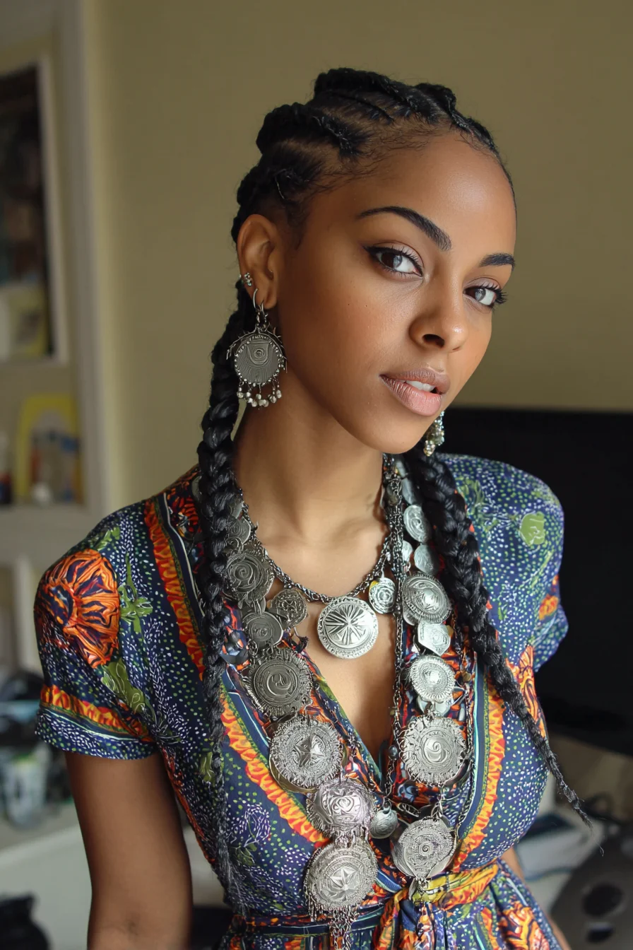 Feed-In Cornrows into Two Long Braids with Sleek Edges