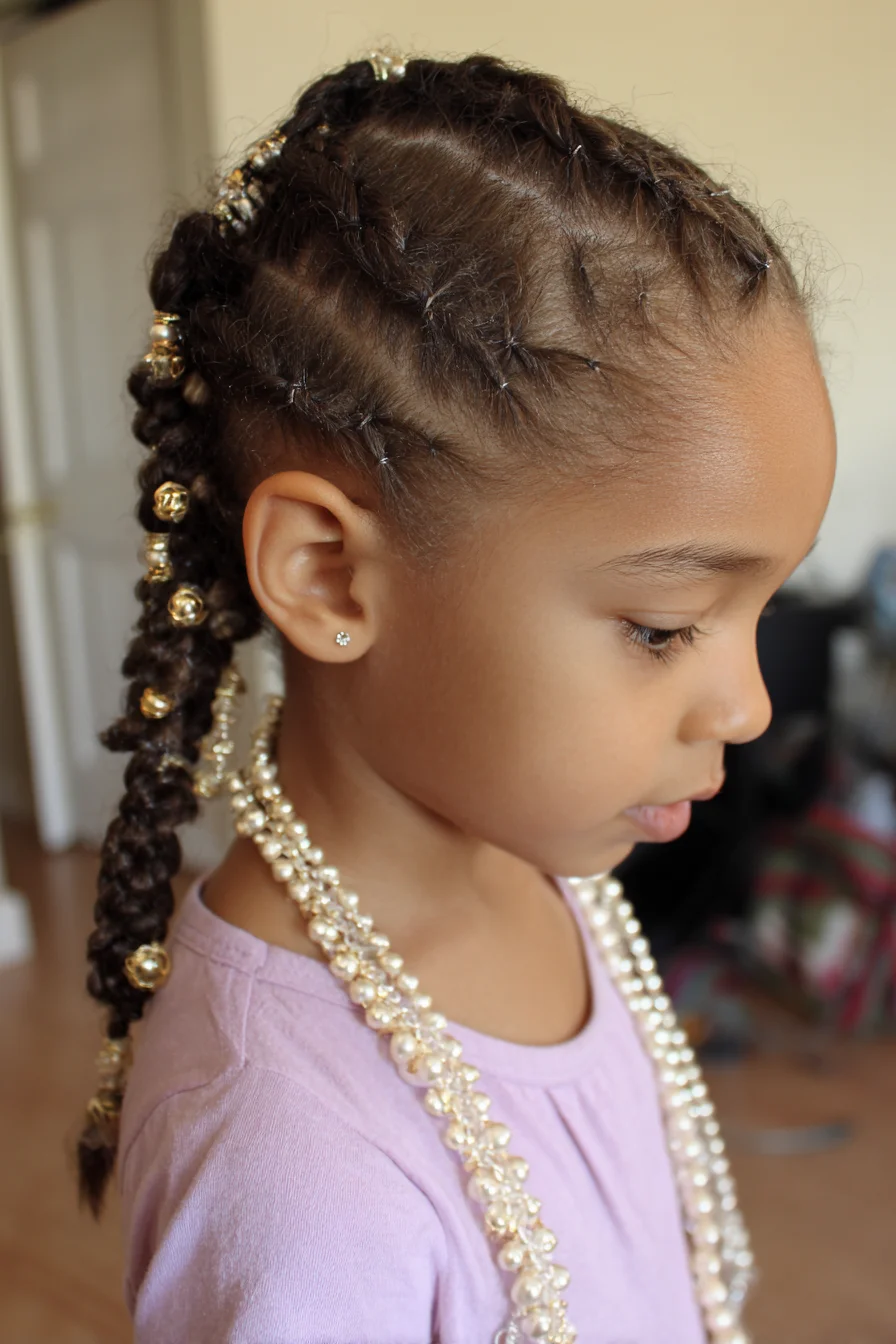 Feed-in Cornrows with Beaded Braided Tail — Child-Friendly Style