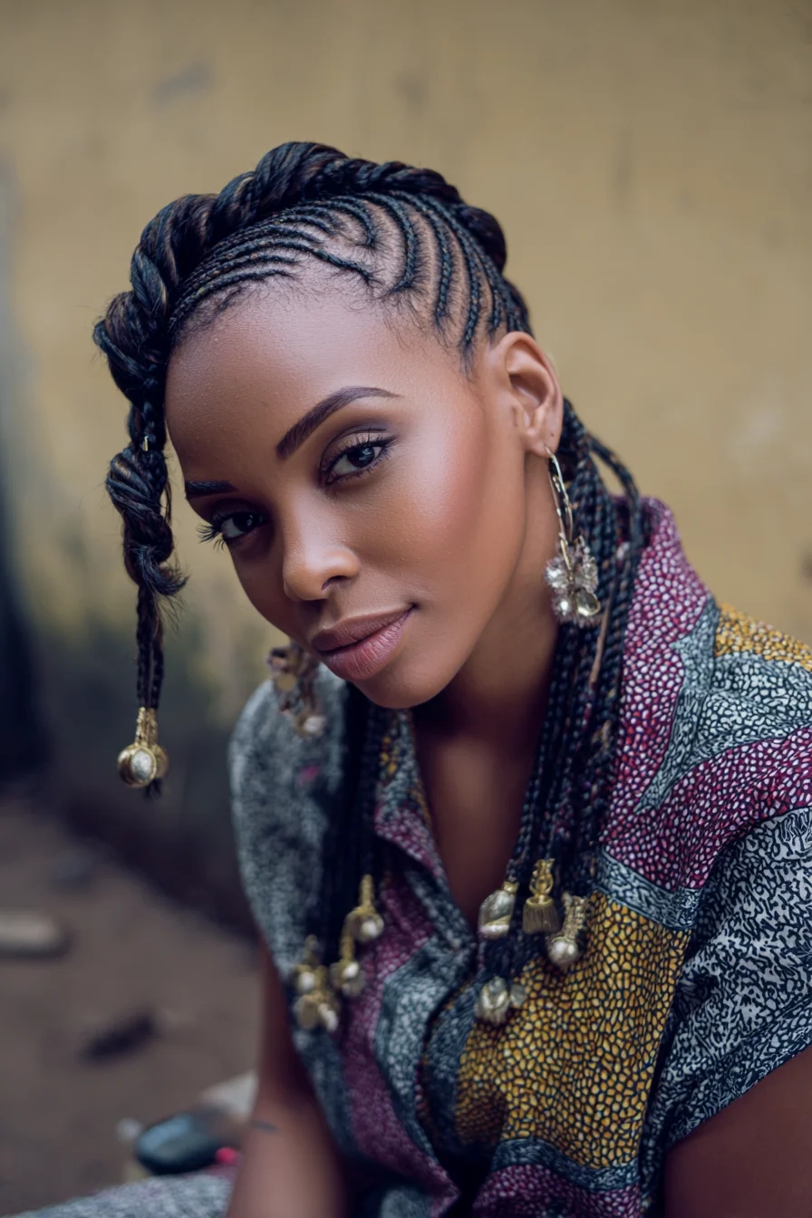 Feed‑in Cornrows with Twisted Crown and Beaded Ends — Protective Braided Style