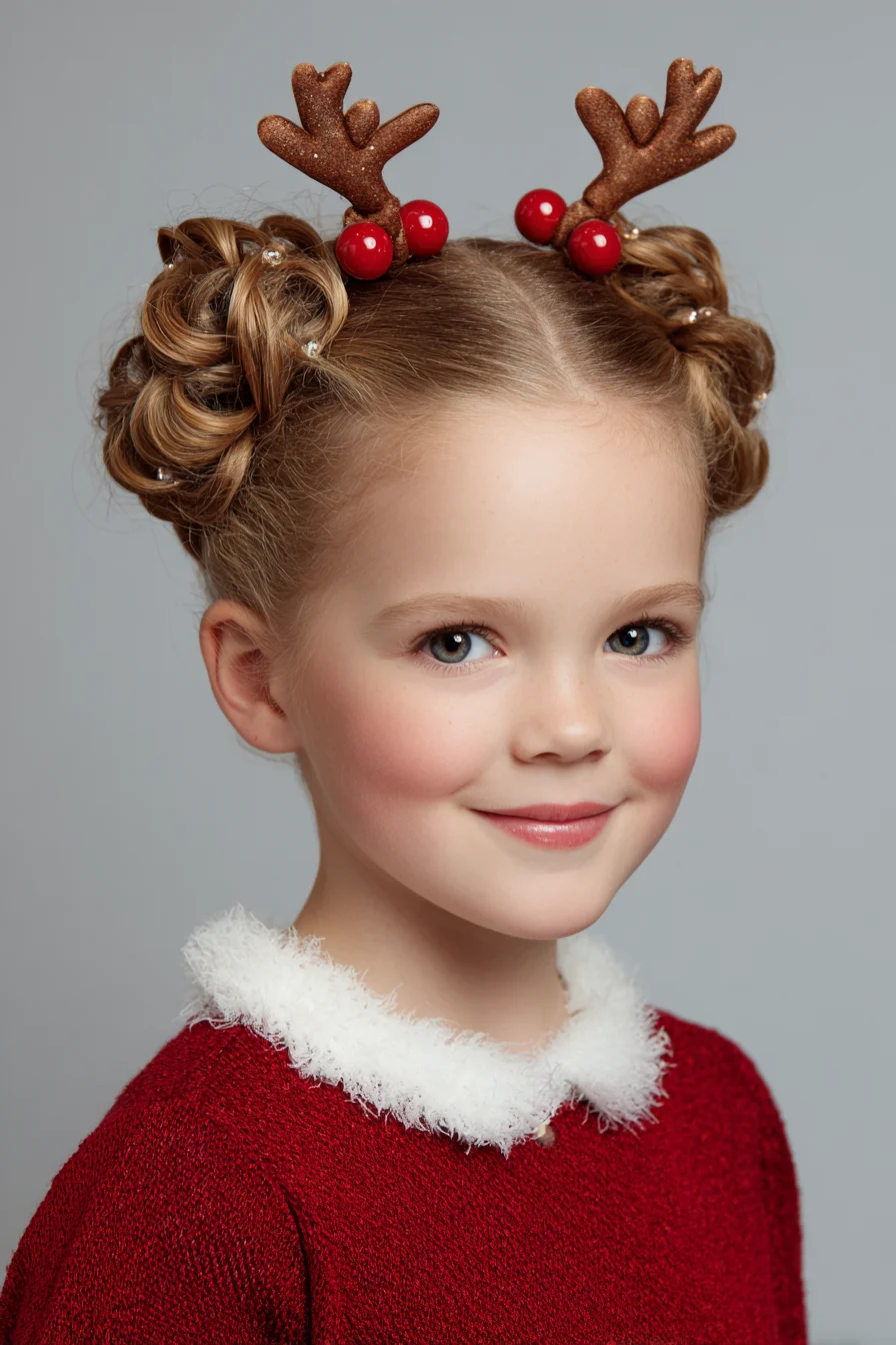 Festive Double Twisted Loop Buns with Antler Clips — Kids Holiday Updo