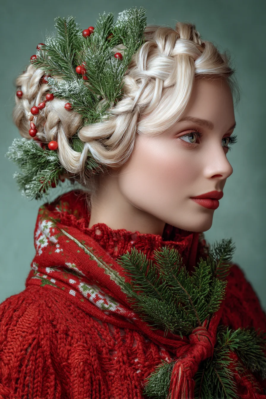 Festive Halo Braid with Wrapped Braids and Pine Sprig Accents