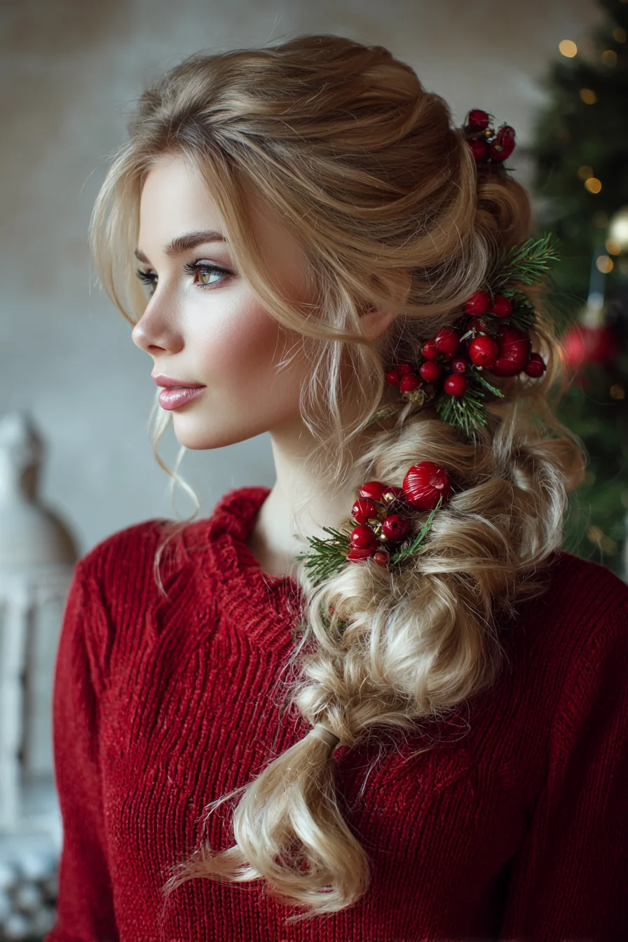 Festive Romantic Textured Side Braid with Holiday Berry Accents