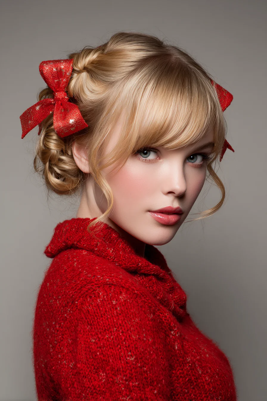 Festive Twisted Low Bun with Side-Swept Bangs and Ribbon Accents