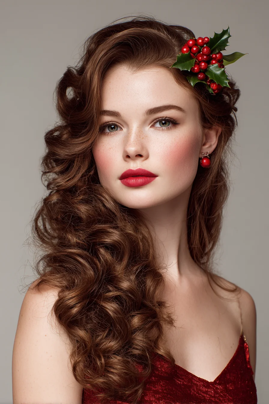 Glam Vintage Side‑Swept Voluminous Barrel Curls with Berry Accent