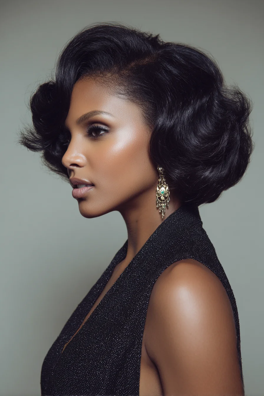 Glossy Side-Parted Voluminous Retro Bob with Sculpted Waves