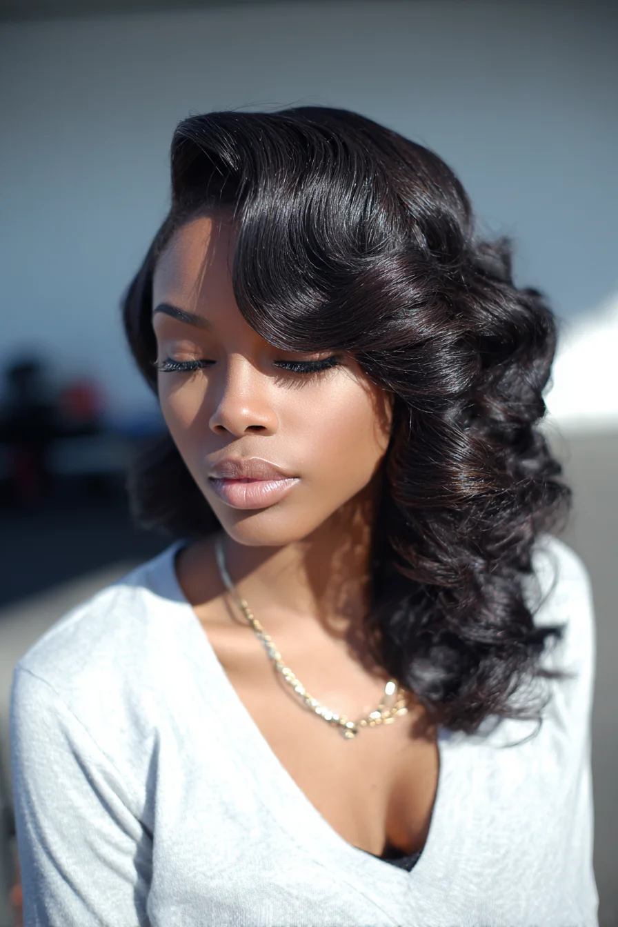 Glossy Side-Swept Hollywood Waves for Medium–Long Natural & Textured Hair