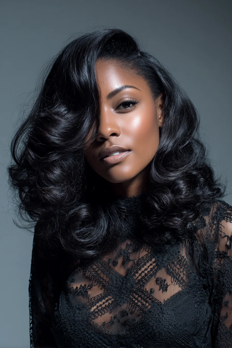 Glossy Voluminous Side‑Swept Retro Waves