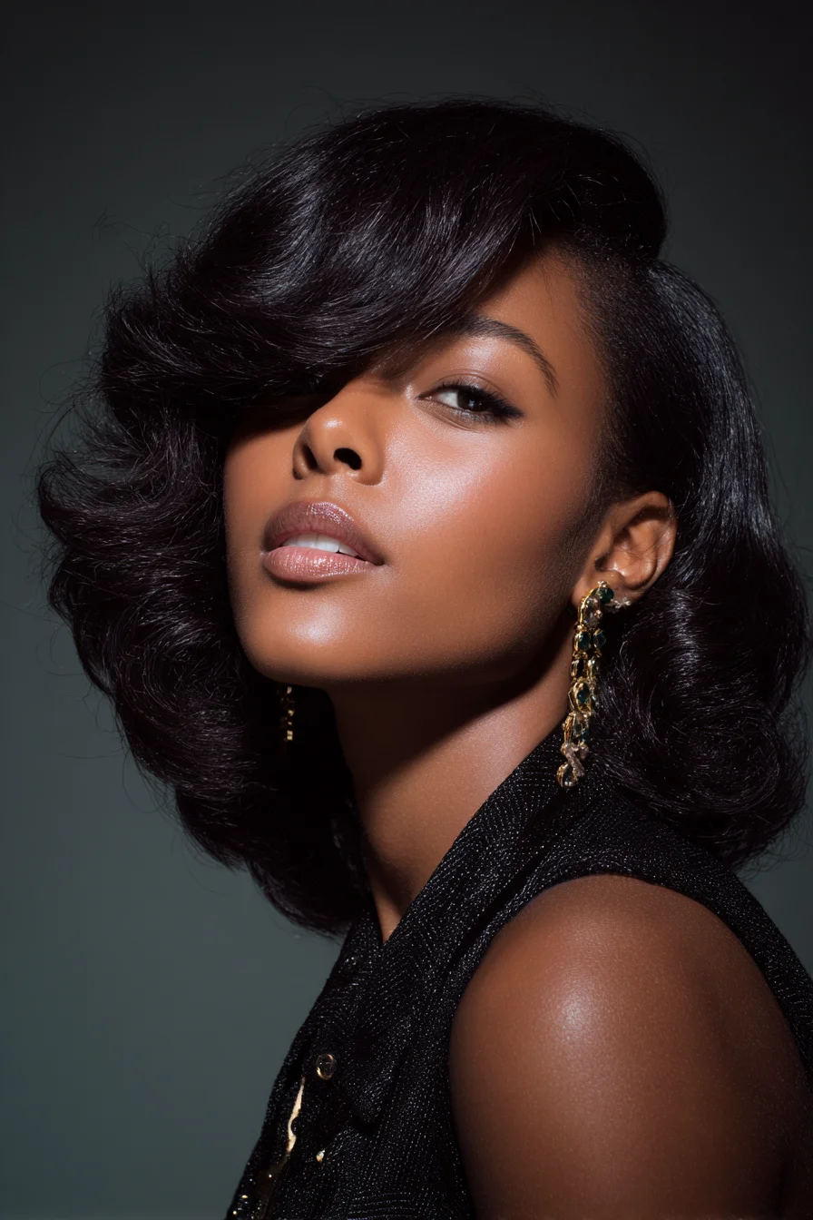 Glossy Voluminous Side-Swept Vintage Blowout for Medium-Length Textured Hair