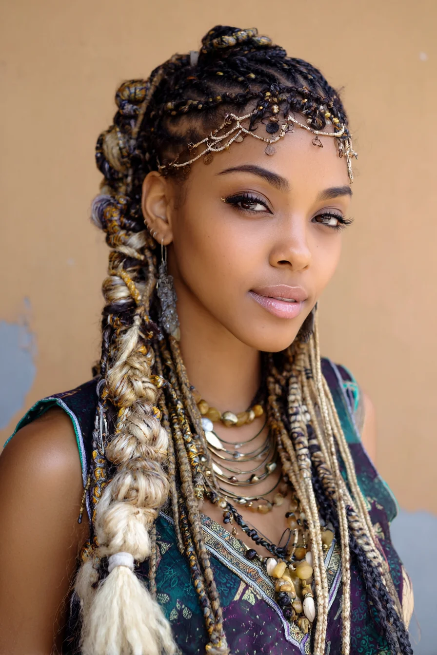 Gold‑Accented Goddess Braids with Faux‑Locs — Boho Braided Upstyle