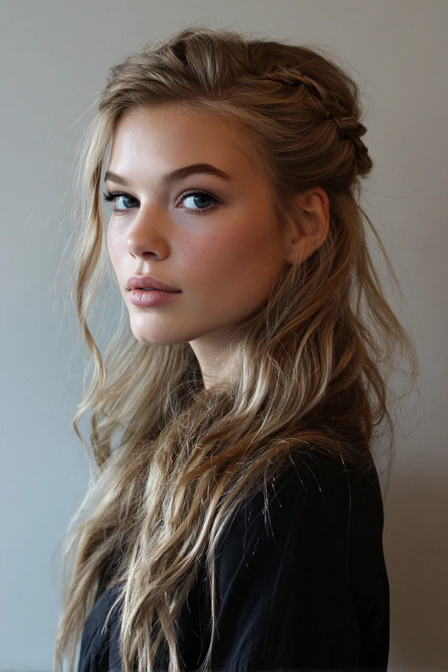 Half-Up Braided Crown with Loose Beachy Waves