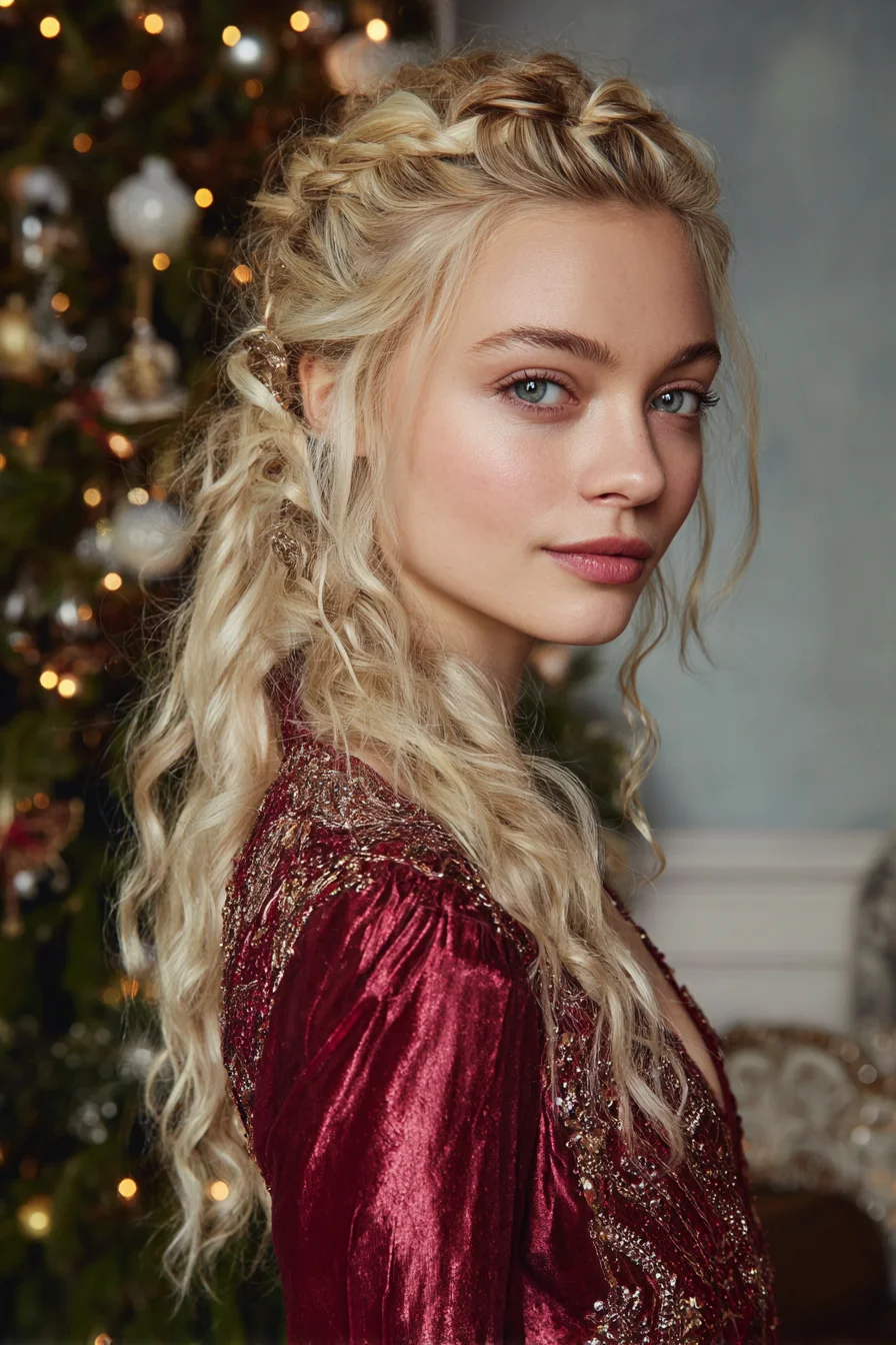 Half-Up Crown Dutch Braid with Textured Beach Waves