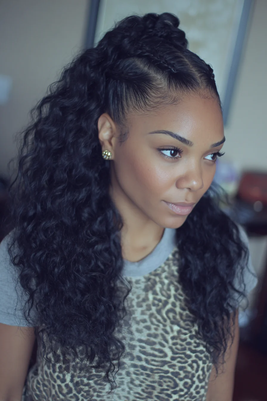 Half‑Up Curly Ponytail with Cornrowed Front and Sleek Baby Hairs