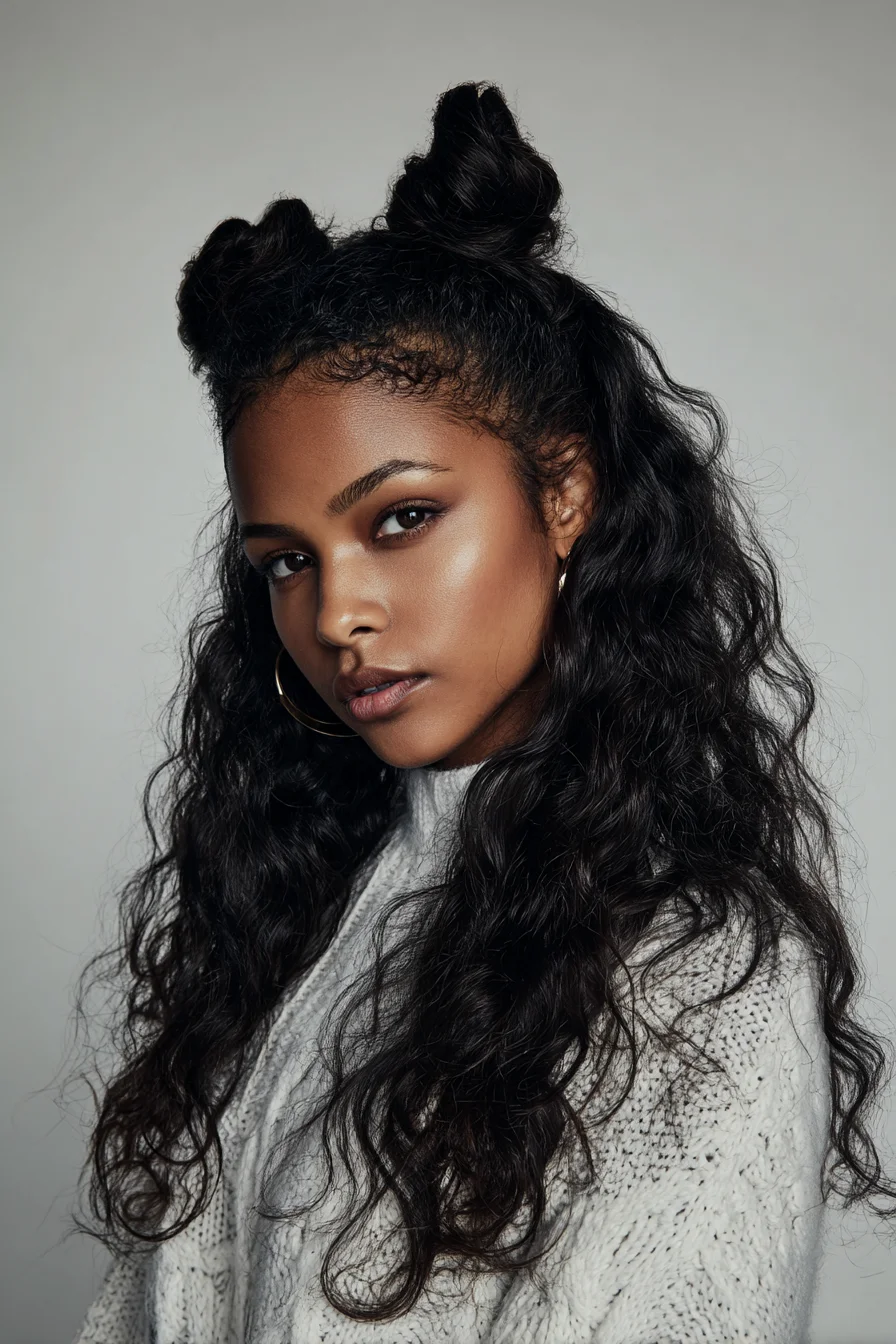 Half-Up Double Mini Buns with Textured Waves — Wavy to Curly Hair Styling