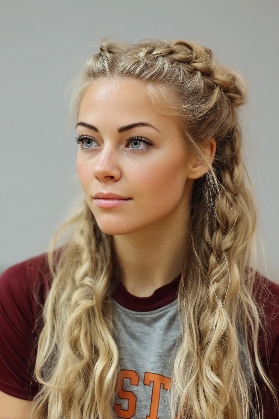 Half-Up Dutch Crown with Loose Fishtail Braids for Long Wavy Hair
