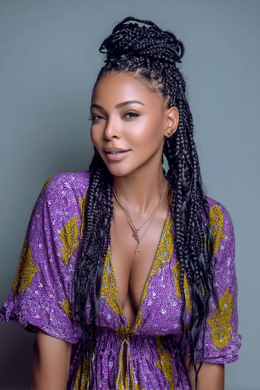 Half-Up High Top Knot with Long Box Braids — Small to Medium Box Braids